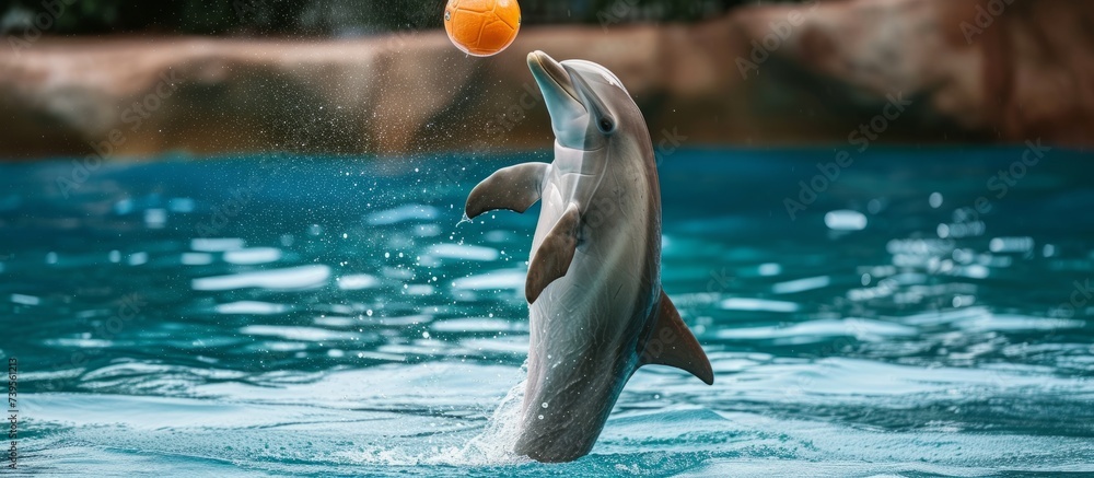 Obraz na płótnie Playful dolphin jumping in the ocean water with a colorful ball in a sunny day w salonie