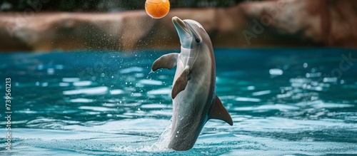 Playful dolphin jumping in the ocean water with a colorful ball in a sunny day