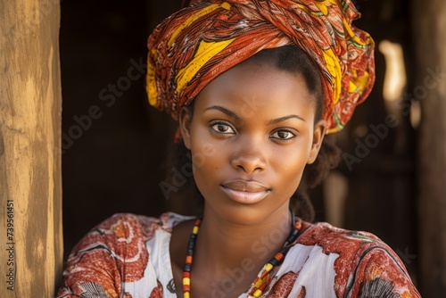 The Strength and Beauty of a Middle-Aged African Woman with Short Natural Hair, Embraced by her Village Atmosphere