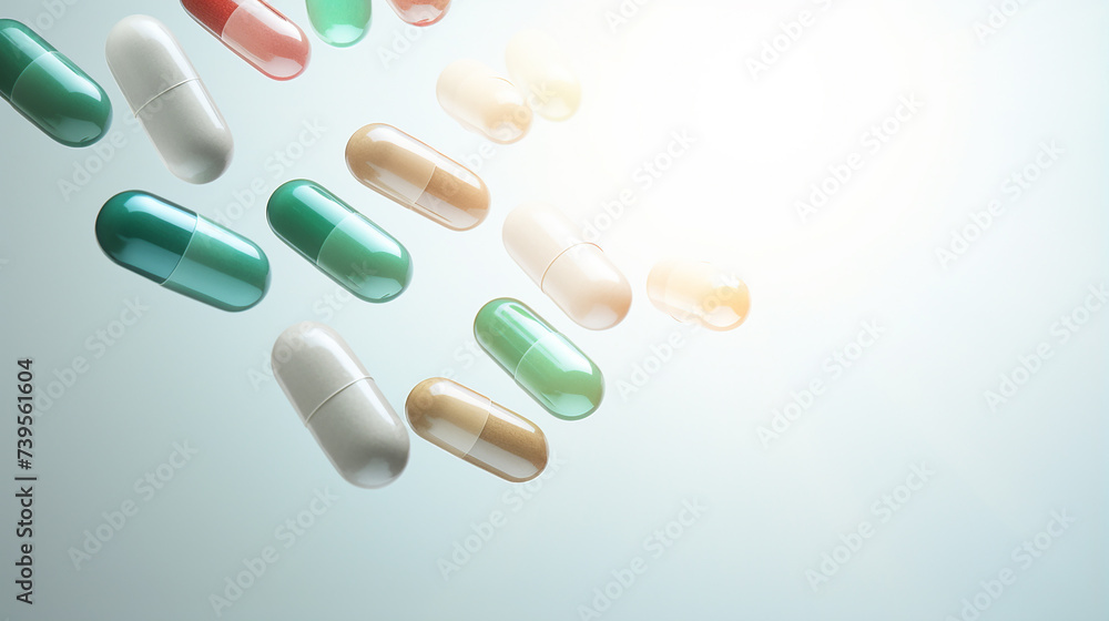 Capsules of different pastel colors on a light background