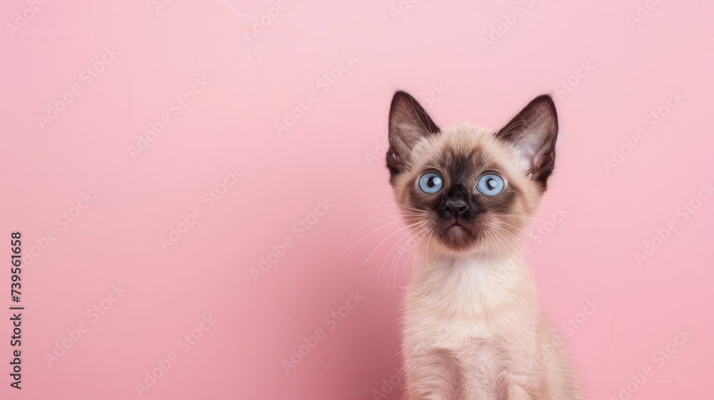 A photo portrait of a cute Siamese kitten looking up on a light pink background. A postcard with a place for text