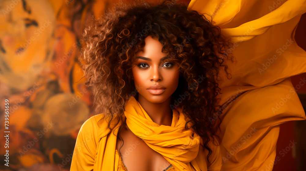 young black afro woman in a fashionable bright yellow blouse on a yellow background young black afro woman in a fashionable bright yellow blouse on a yellow background