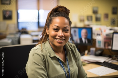 An empathetic probation officer in her office, adorned with personal keepsakes and motivational messages, guiding individuals towards a better future
