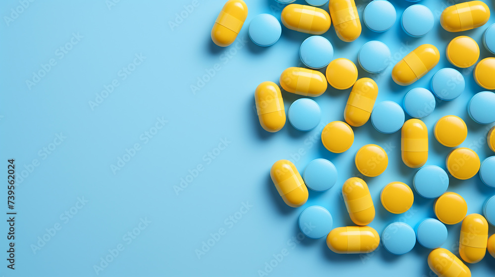 Yellow and blue pills on blue background. Top view with copy space Yellow and blue pills on blue background. Top view with copy space