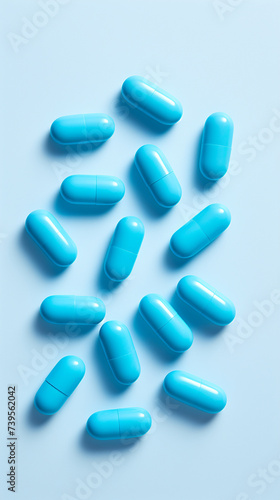 Blue pills on blue background. Top view 