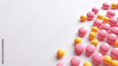 Yellow and pink pills on white background. Top view with copy space  © alionaprof