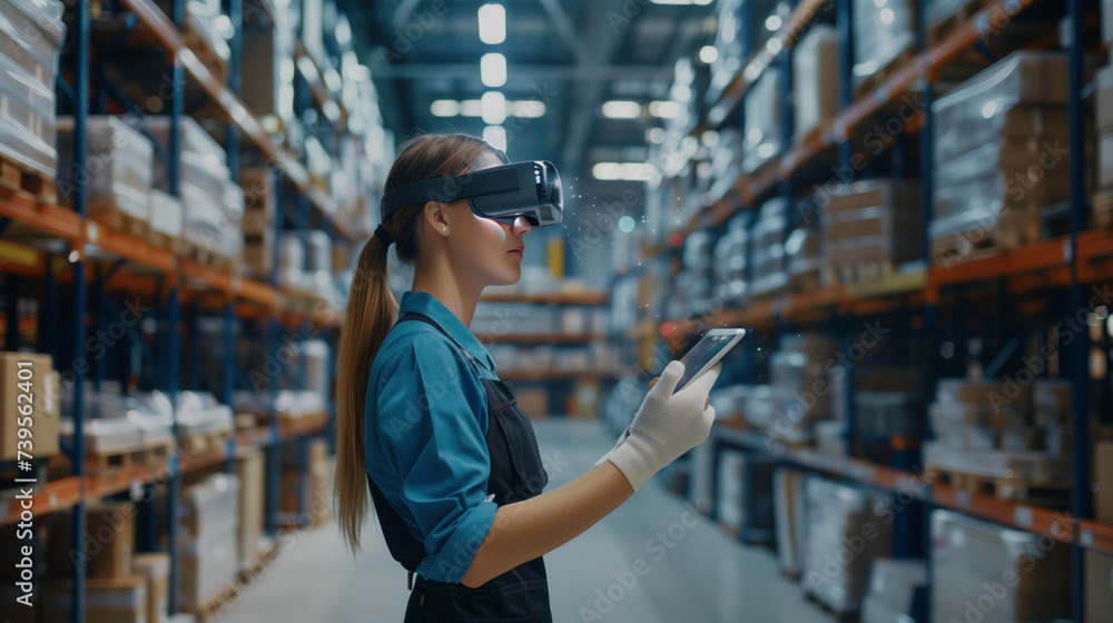 Female worker interacting with augmented reality technology on her ...