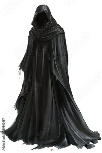 a mysterious black hooded figure with a hidden face in fine black robes hand drawn fantasy art with white background fantasy historic character full art photo
