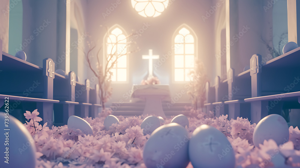Easter eggs in the church in the morning sunrays in front of holy cross. Easter prayer services Poster banner with copyspace. - obrazy, fototapety, plakaty 