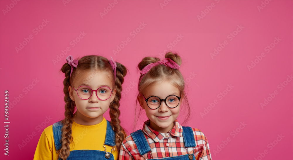 Schoolgirl girls in glasses on a pink background look at the camera. Banner with place for test. End of school, start of vacation. Start of school. Back to school. Bright clothes on girls Schoolgirl girls in glasses on a pink background look at the camera. Banner with place for test. End of school, start of vacation. Start of school. Back to school. Bright clothes on girls