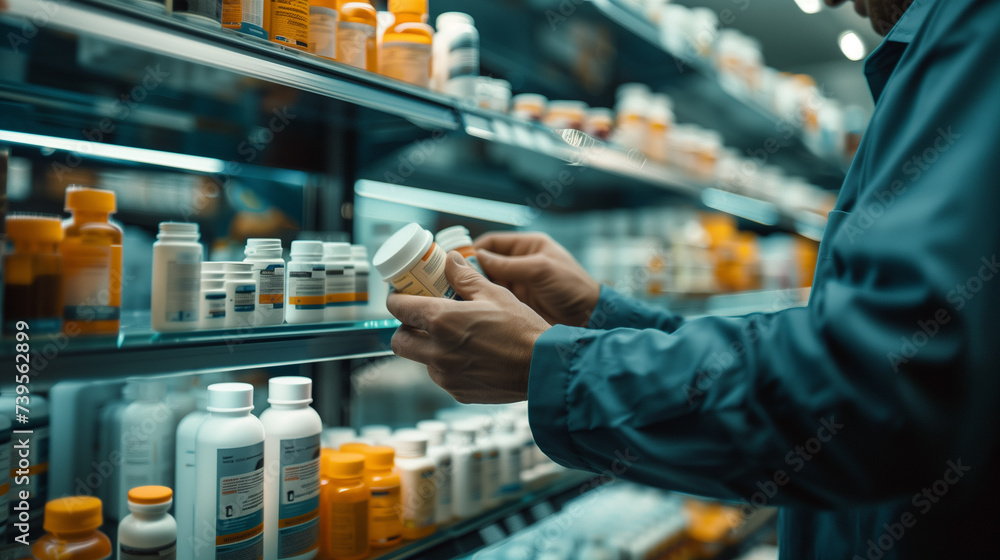 A customer is examining a bottle of pills on a shelf in a pharmacy