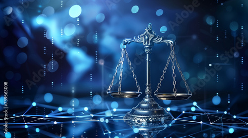 Scales of Justice on Digital Network Background 