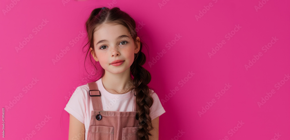 Schoolgirl girl in glasses on a pink background look at the camera. Banner with place for test. End of school, start of vacation. Start of school. Back to school. Bright clothes on girl. Schoolgirl girl in glasses on a pink background look at the camera. Banner with place for test. End of school, start of vacation. Start of school. Back to school. Bright clothes on girl.