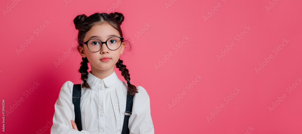 Schoolgirl girl in glasses on a pink background look at the camera. Banner with place for test. End of school, start of vacation. Start of school. Back to school. Bright clothes on girl. Schoolgirl girl in glasses on a pink background look at the camera. Banner with place for test. End of school, start of vacation. Start of school. Back to school. Bright clothes on girl.