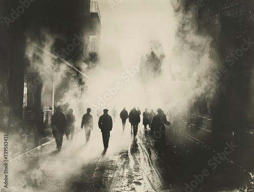 pictorialism photo of a crime scene haze crowded dirty dim light squalour