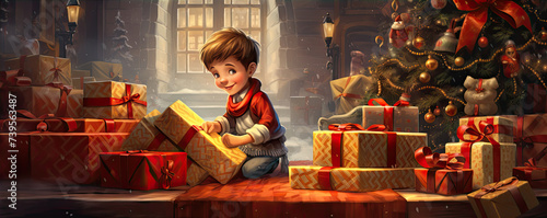 Happy little boy opening a christmas present.