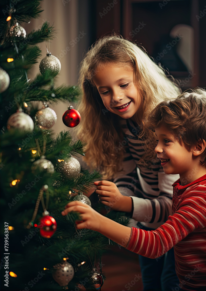 Young children decorating a beautiful christmas tree Young children decorating a beautiful christmas tree
