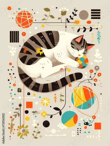 very cute cat playing with ball of yarn American mid century flat vector design colorful minimalist