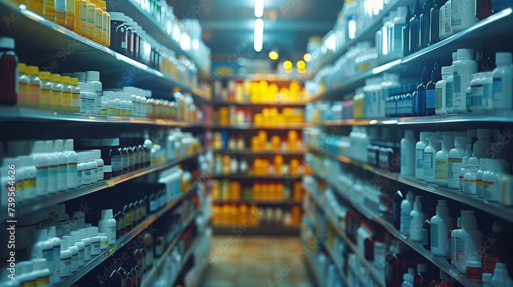Blurred image of a retail shelf filled with bottles in a pharmacy aisle