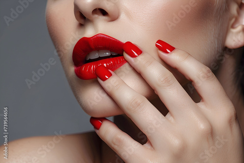 Closeup of a beautiful woman with red nails and lipstick, elegant fashion and beauty