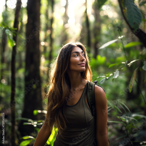 Young woman hiking in a forest. 