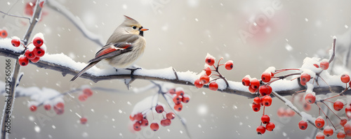 Close up photo of bird sitting on branch with red berries in snow. Whistler, waxwing on a ashberry, hawthorn berries, rowan tree branch in cold frost. Wintering of non-migratory birds concept.