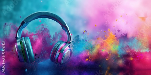 World music day banner with headset headphones on abstract colorful dust background. #739565821