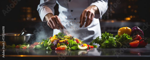 Chef cooking vegetable plate in kitchen. Hands of chef close up preparing health food.