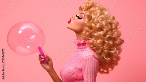 Portrait of smiling blonde doll in pink dress with bubble gum on pink background.