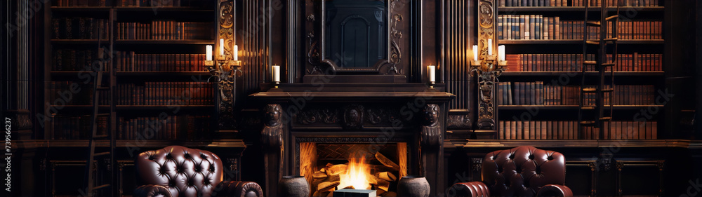 Dark academia library with fireplace and leather chairs, 3D illustration - obrazy, fototapety, plakaty 