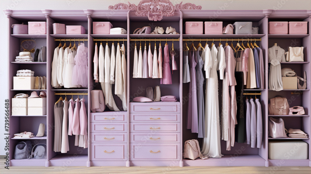 An organized closet with clothes and accessories in various shades of pink and purple. An organized closet with clothes and accessories in various shades of pink and purple.