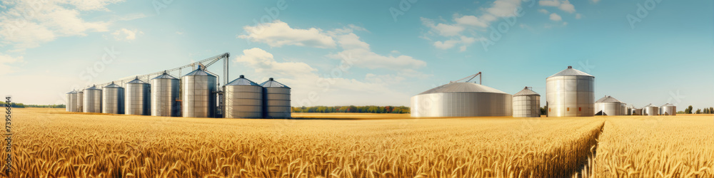 Grain silos in farm field. Agricultural silo or container for harvested grains. - obrazy, fototapety, plakaty 