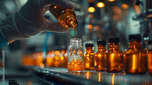 Pouring liquid into an amber glass bottle in a laboratory setting © Vitalii