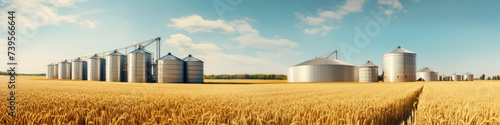 Grain silos in farm field. Agricultural silo or container for harvested grains. © Alena