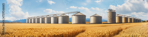 Grain silos in farm field. Agricultural silo or container for harvested grains.