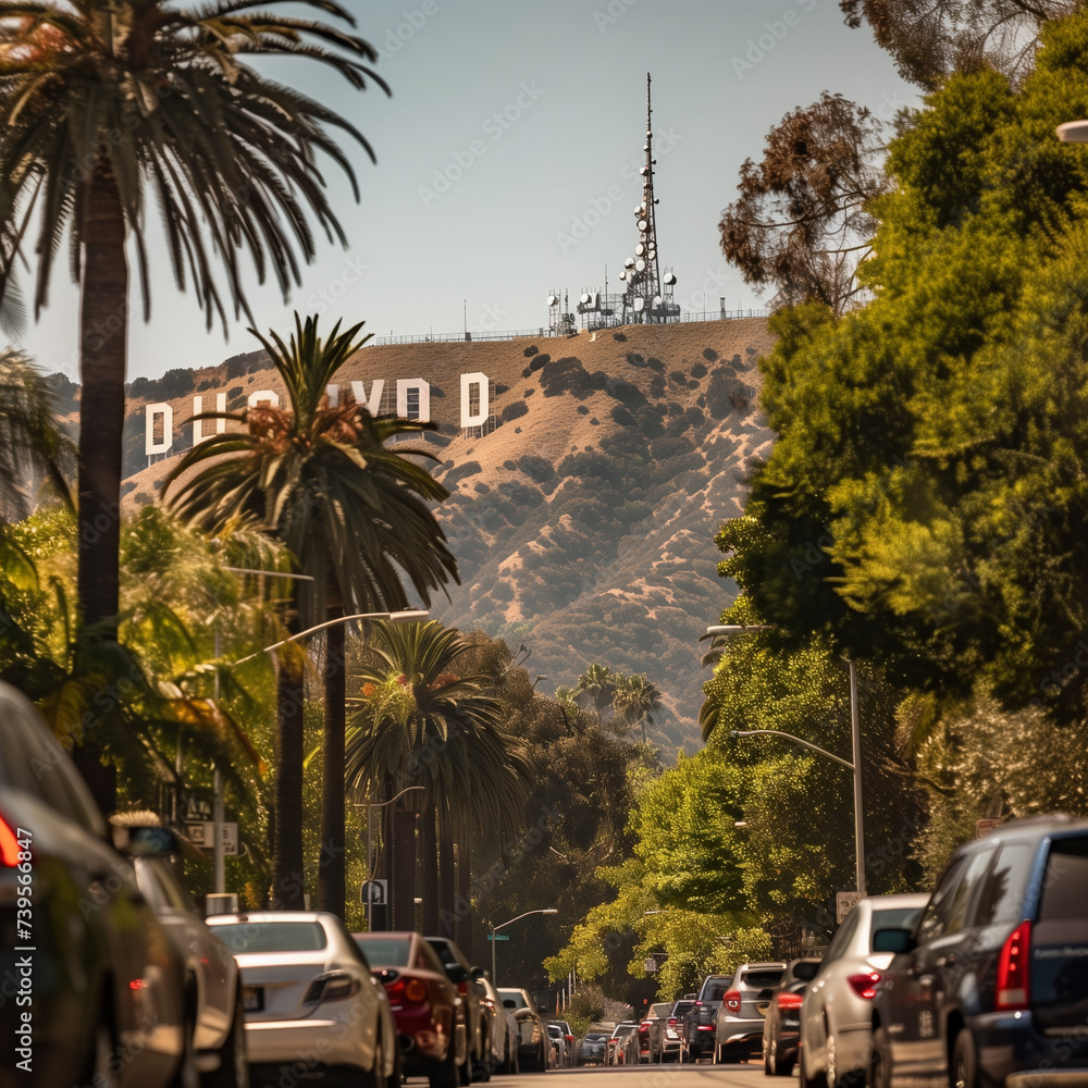 Naklejka premium Iconic Hollywood Sign View from Bustling Street