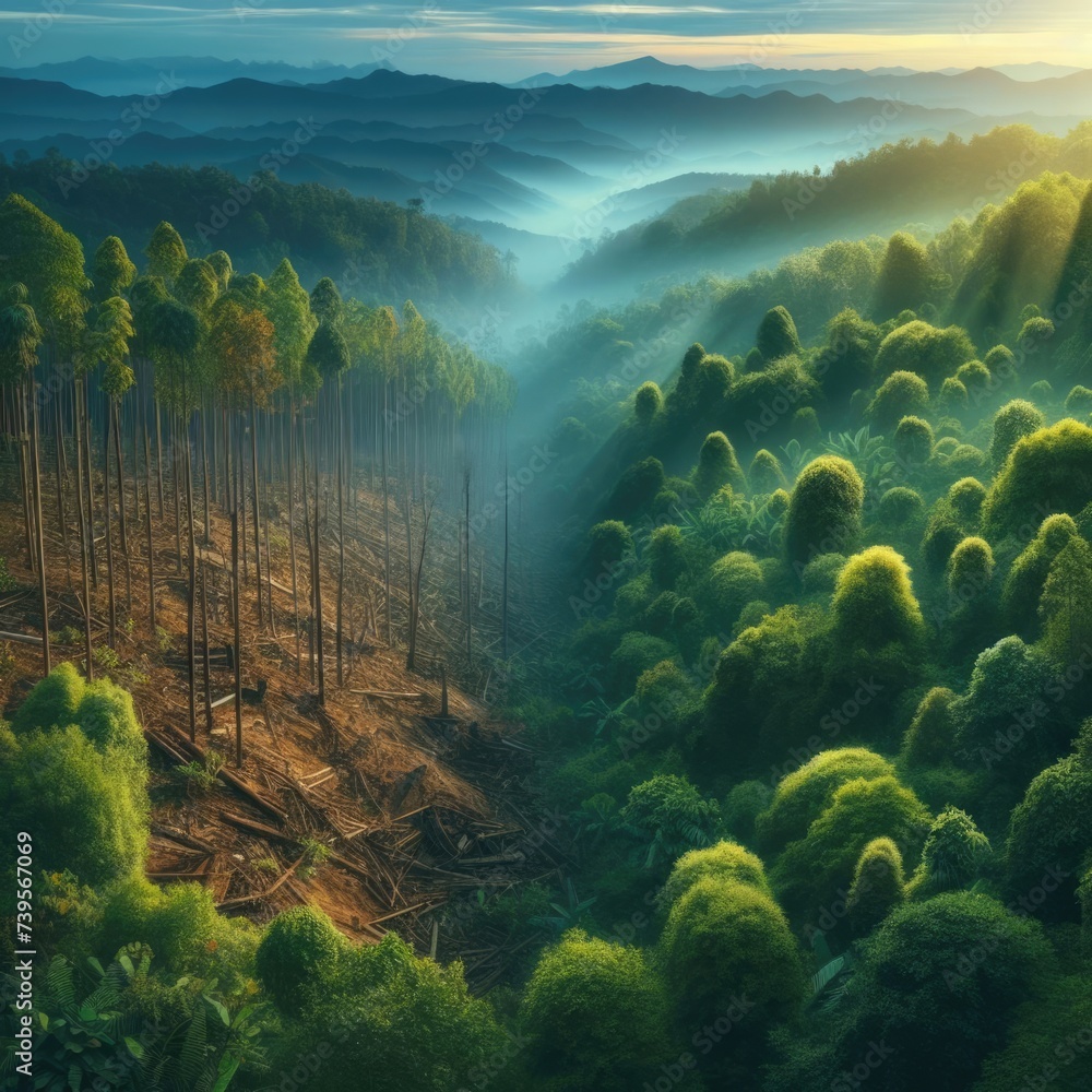 Deforestation or forestation, with destroyed and complete green forest, isometric illustration. Created by generative ai Deforestation or forestation, with destroyed and complete green forest, isometric illustration. Created by generative ai