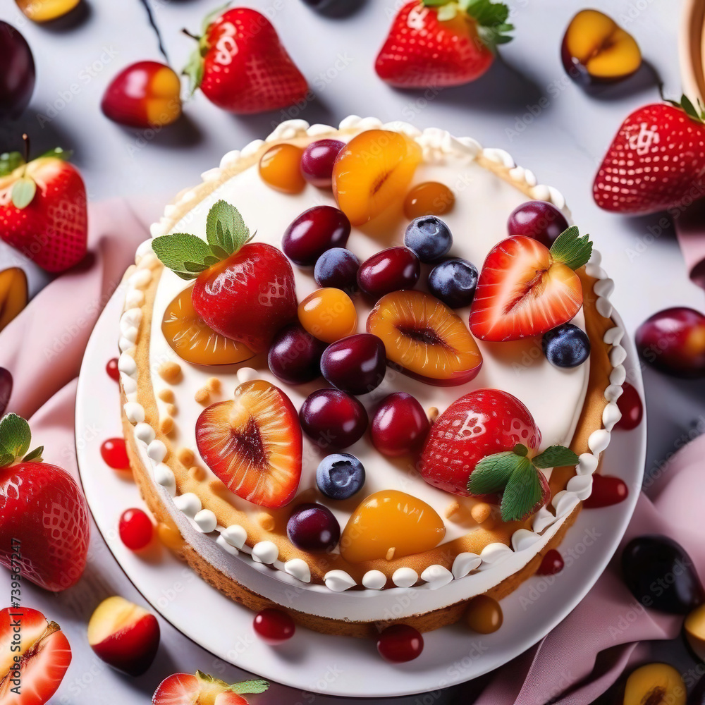 Tarta de crema con variedad de frutas fresas melocotón cerezas arándanos Tarta de crema con variedad de frutas fresas melocotón cerezas arándanos