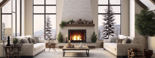 A cozy living room with a fireplace, two sofas, and a coffee table in front of a snowy mountain landscape. photo