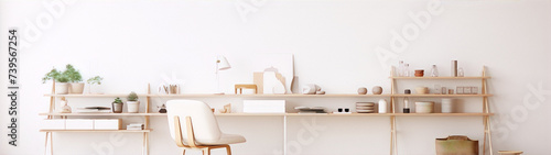 3d rendering, interior, home office, desk, chair, shelves, plants, books, decoration, white, beige, wood, minimalist, scandinavian, modern, contemporary