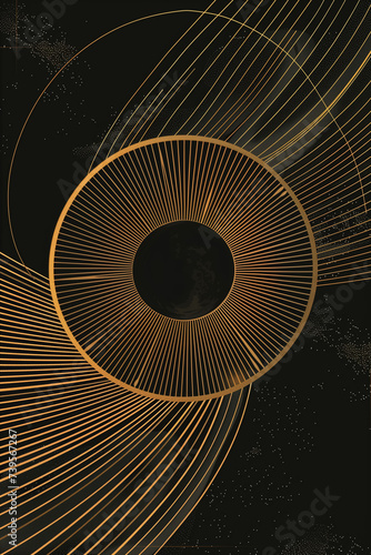 A minimalist art deco illustration features a golden spiral design against a black background