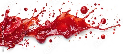 Macro top view red ketchup splashes texture isolated on white background. AI generated image