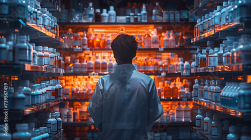 A man stands in a pharmacy, surrounded by shelves full of bottles