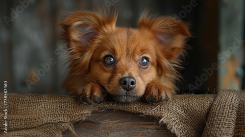 Small Brown Dog Resting on Wooden Table © Viktor