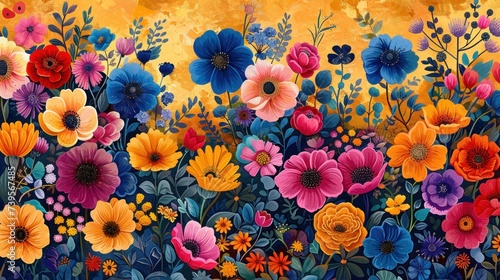 Colorful Flowers Painting on Yellow Background © Viktor