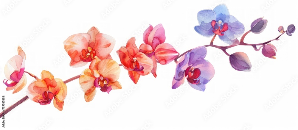 Beautiful colorful orchid flowers with branch isolated on white background. AI generated image
