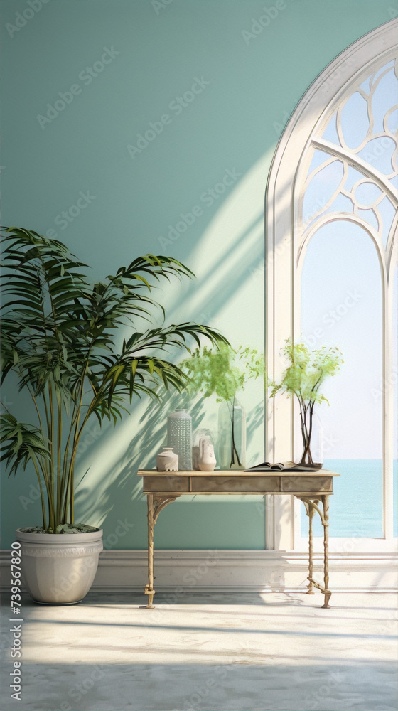 The image is in the art category and art style subjects and colors are: interior, plants, table, vases, books, arch, window, sea, green, blue, white. The image is in the art category and art style subjects and colors are: interior, plants, table, vases, books, arch, window, sea, green, blue, white.