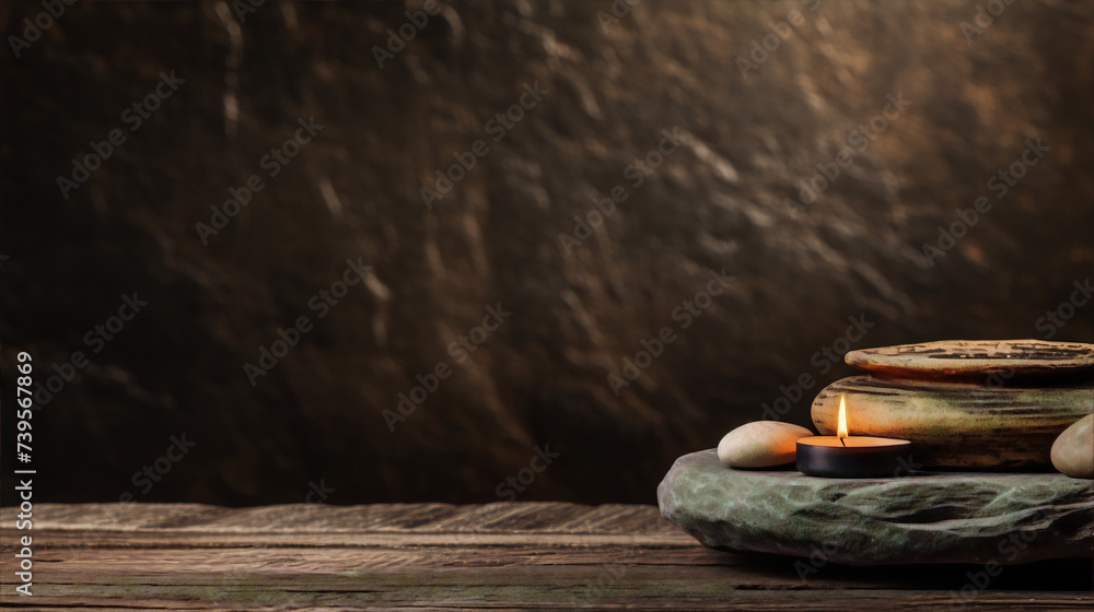 A lit candle and stacked smooth stones on a wooden table with a dark background. - obrazy, fototapety, plakaty 