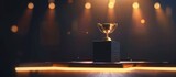 Winner award win champion gold trophy on podium with lighting background. AI generated image