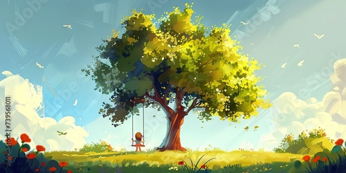 whimsical tree with swings and girl enjoying playful moments, Generative AI